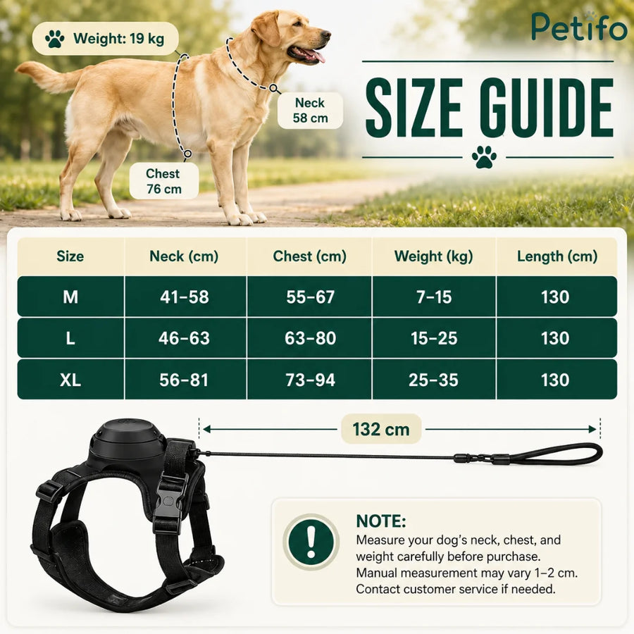 Tabla completa de guía de tallas para el arnés para perros con medidas del cuello, pecho, peso y longitud de la correa para las tallas M, L y XL.