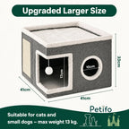 Size guide infographic showing the 41x41x33 cm dimensions of the upgraded larger Lunatto cat house suitable for pets up to 13 kg.