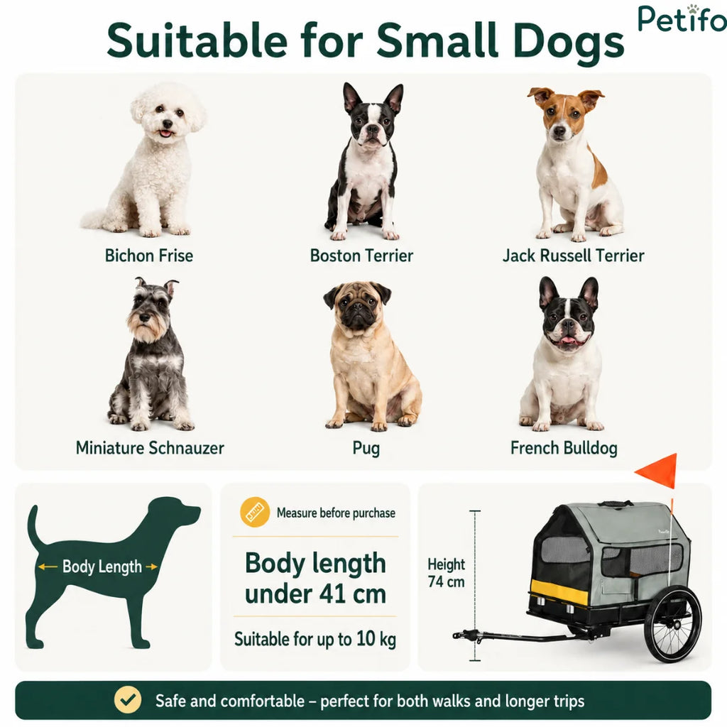 Size guide highlighting suitability for small dog breeds with a maximum body length of 41 cm and up to 10 kg weight limit.