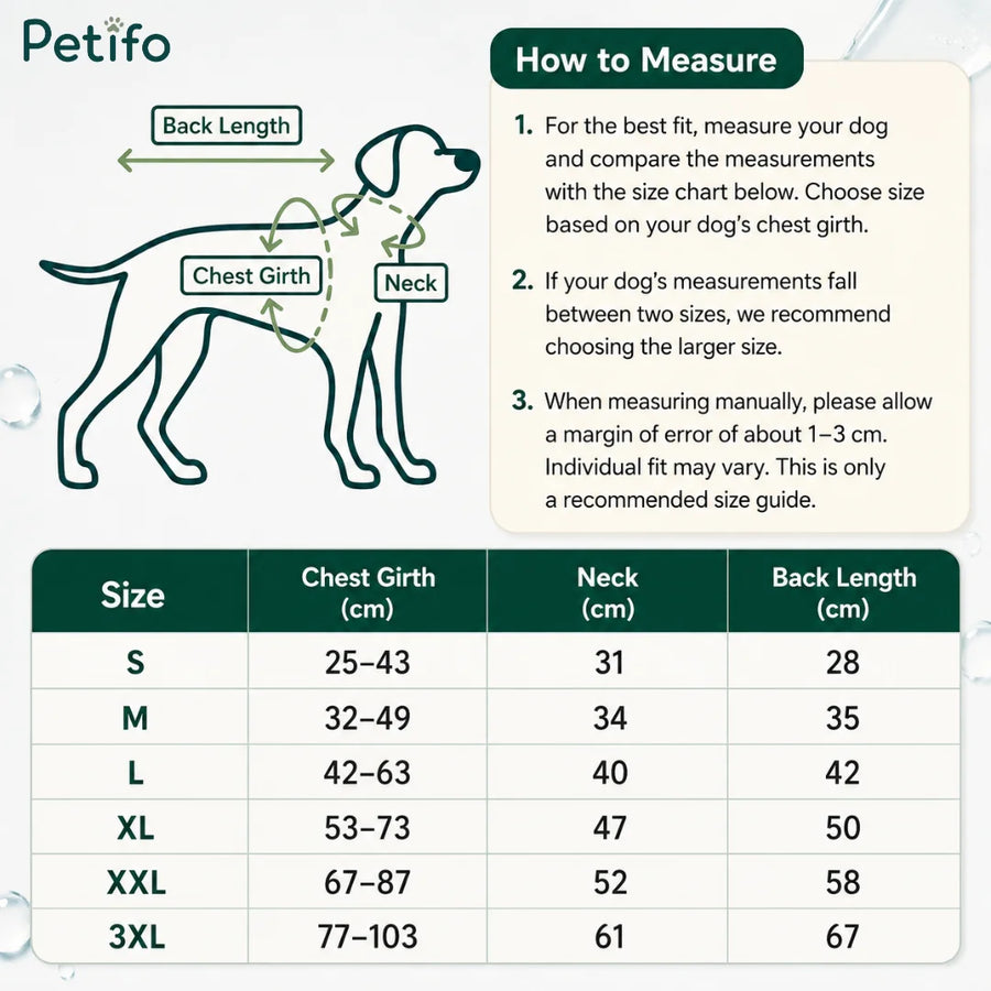 Tabla de tallas de chalecos refrigerantes para perros con medidas del contorno del pecho, el cuello y la longitud de la espalda.