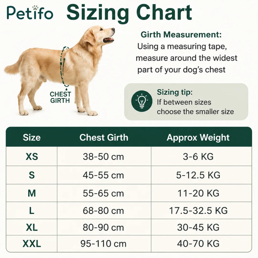 Tabla de tallas de arneses para perros con medidas del contorno del pecho y rangos de peso de XS a XXL.
