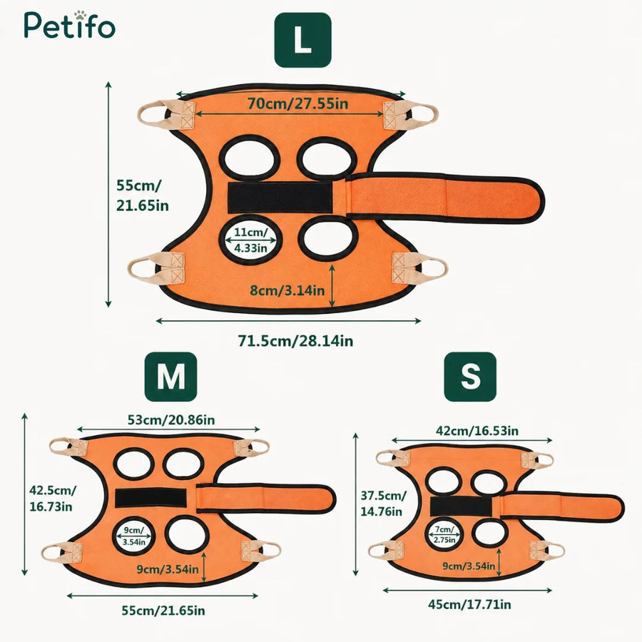 Diagrama de tallas del producto para la hamaca de aseo para mascotas Petifo, con las medidas exactas de las tallas L, M y S.
