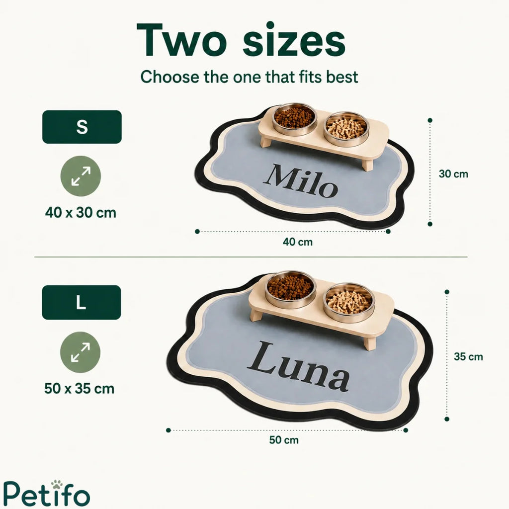 Size guide infographic displaying small and large dimensions for personalized cloud-shaped pet feeding mats with custom pet names.