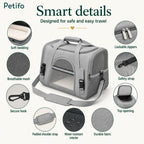 Infographic detailing smart features and specifications of the Petifo grey pet carrier.