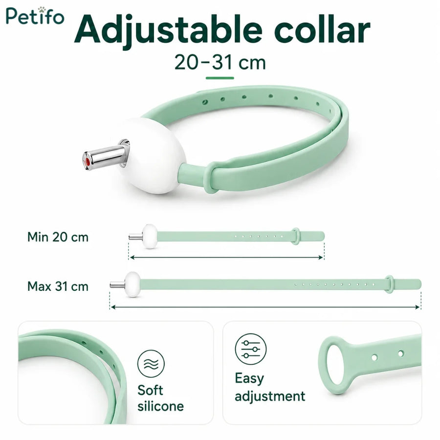 Guía de tallas del collar ajustable Petifo, con un rango de 20 a 31 cm, material de silicona suave y mecanismo de ajuste sencillo.