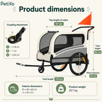 Technical specifications for the Petifo pet bike trailer, displaying a total length of 115 cm, interior dimensions of 91 x 55 x 62 cm, and coupling attachment measurements.