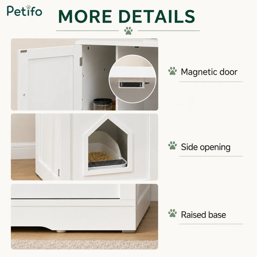 A Petifo infographic highlighting key features: a magnetic door closure, a discrete house-shaped side opening for entry, and a raised base for stability.