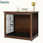 A standalone view of the Petifo wooden furniture-style dog crate, featuring a dark wood finish and sleek metal cage design.