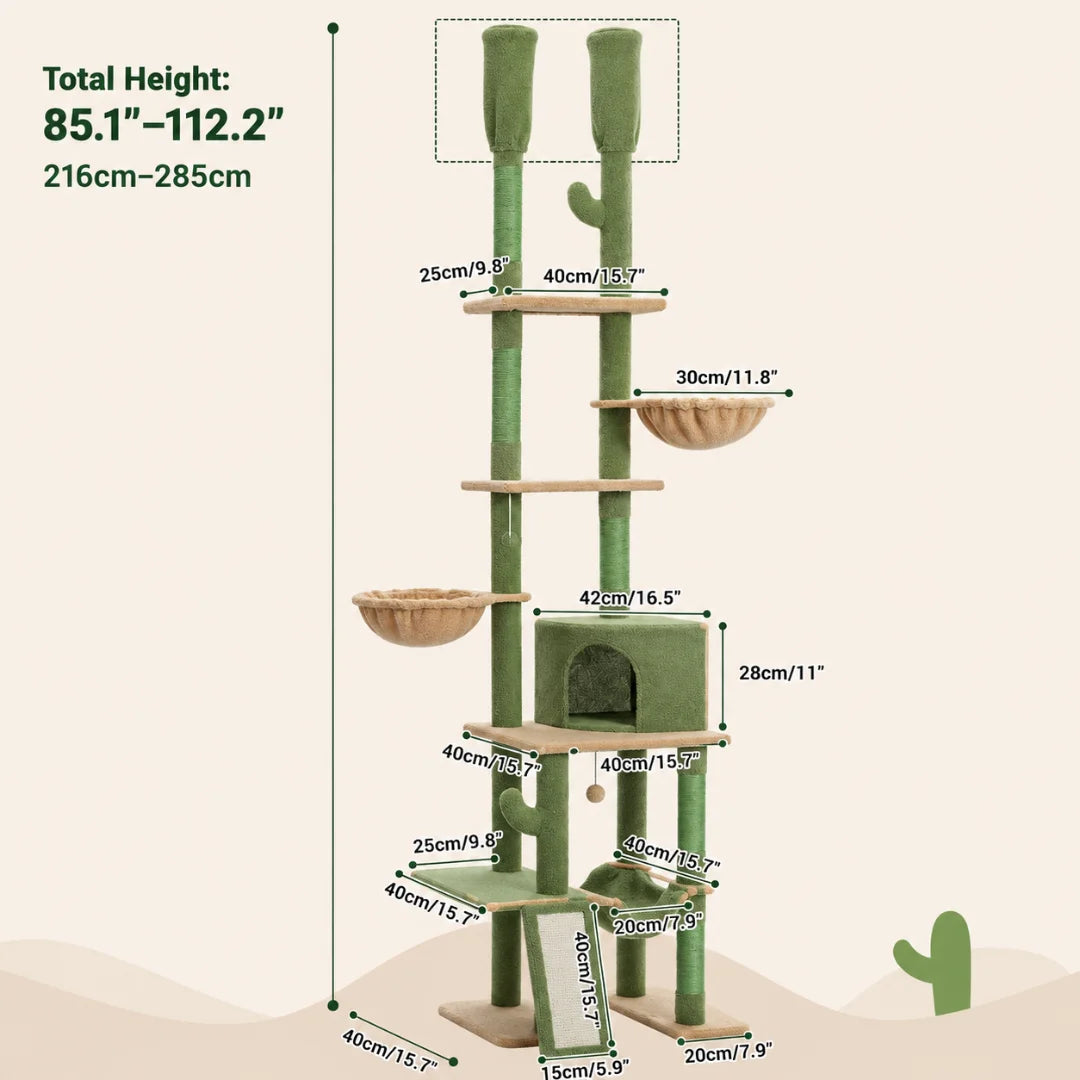 Technical layout of a tall green cactus cat tree with labeled dimensions and adjustable height specifications ranging from 216cm to 285cm.