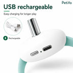 Close-up of the Petifo USB rechargeable laser collar showing the charging port and included USB cable inset.