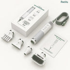 Unboxed Petifo portable pet blow dryer set including the main unit, retail packaging box, power cord, user manual, and four nozzles.