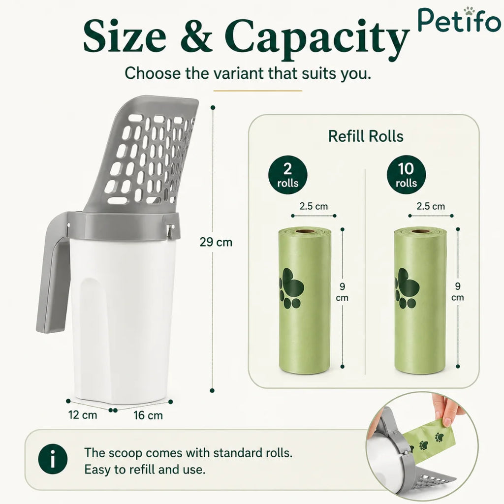 Cat litter scoop dimensions and variant options showing 2-roll and 10-roll refill bundle capacities.