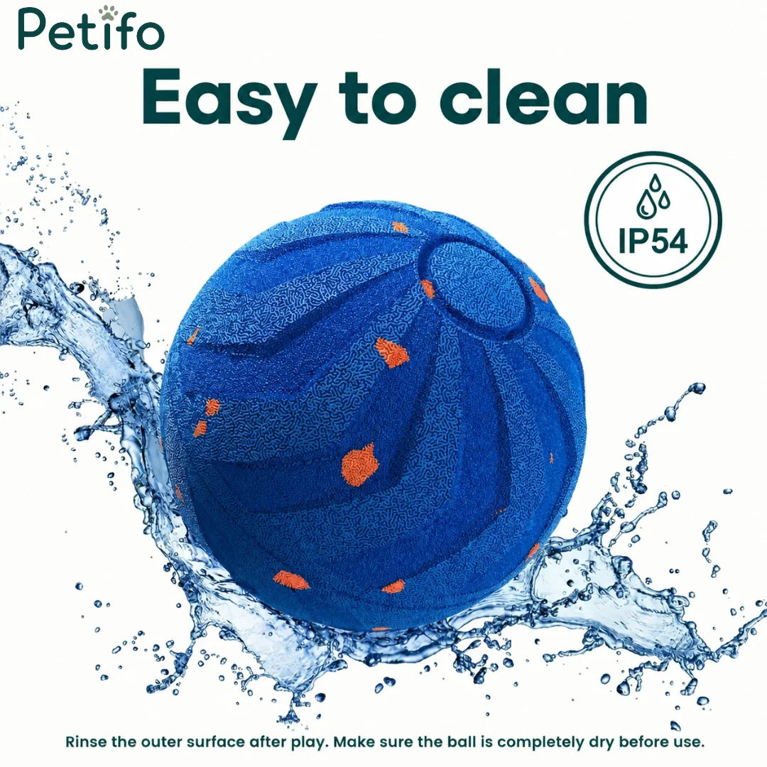 A textured blue pet ball surrounded by splashing water to highlight its IP54 water-resistant and easy-to-clean design.