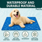 Golden Retriever puppy lying on a waterproof and durable Petifo cooling mat showcasing its core benefits.