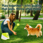 woman playing with her dog in a green park using a portable green automatic ball launcher to throw tennis balls