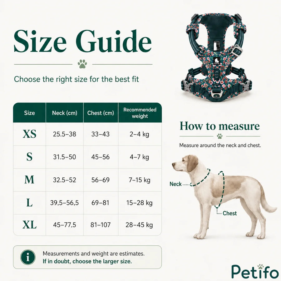 Tabla completa de tallas de arneses para mascotas y guía de medición que muestra las dimensiones desde extrapequeña hasta extragrande junto con una referencia visual de un perro.