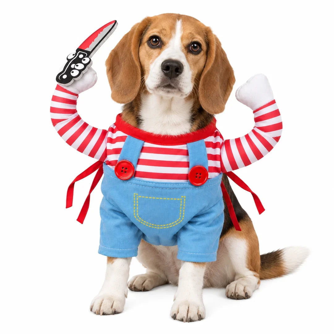 Creepy Doll Pet Costume worn by a Beagle