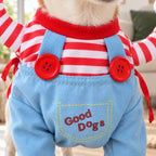 Close-up of braces and chest pocket on the Creepy Doll Pet Costume