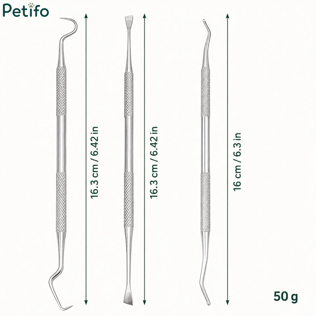 Pet dental tool dimensions showing length measurements of 16.3 cm and 16 cm with 50 g weight