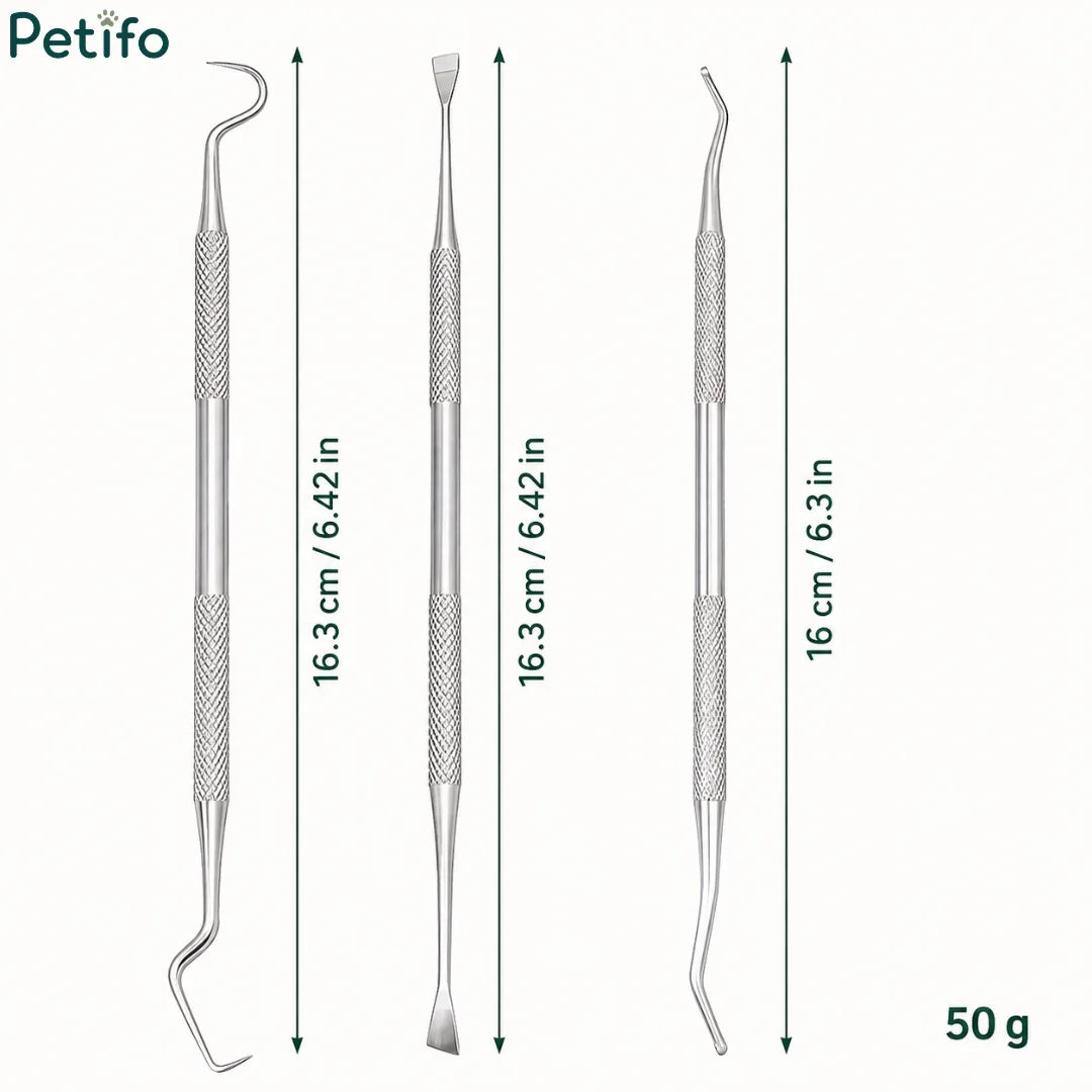 Pet dental tool dimensions showing length measurements of 16.3 cm and 16 cm with 50 g weight