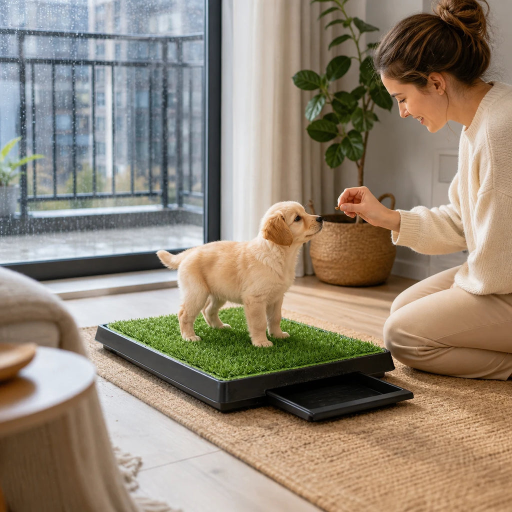 Cachorro aprendiendo a usar un inodoro de césped interior