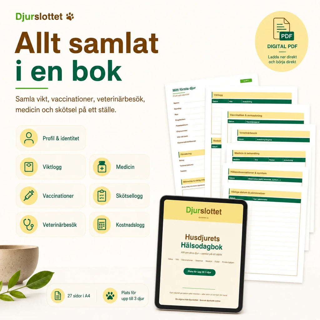 The Pet Health Diary gathers profile, weight log, vaccinations, vet visits, medication, grooming log and cost log in one place.
