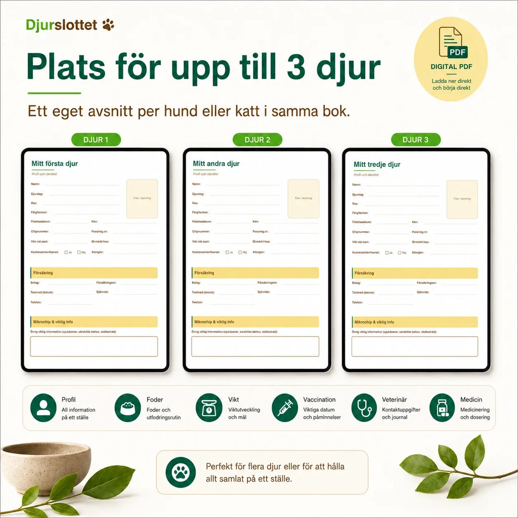 Pet Health Diary with room for up to three pets – a separate profile section for each dog or cat.