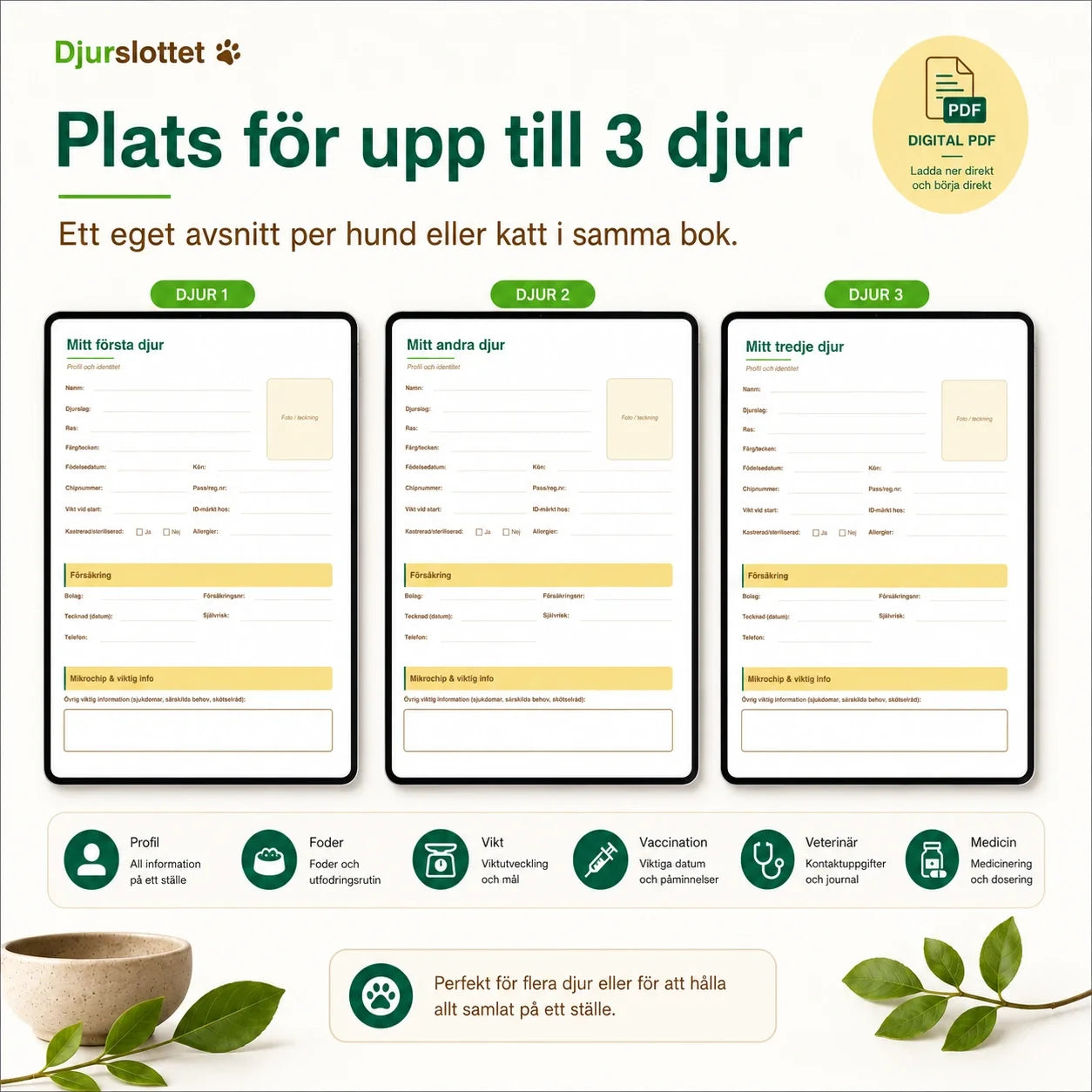 Pet Health Diary with room for up to three pets – a separate profile section for each dog or cat.