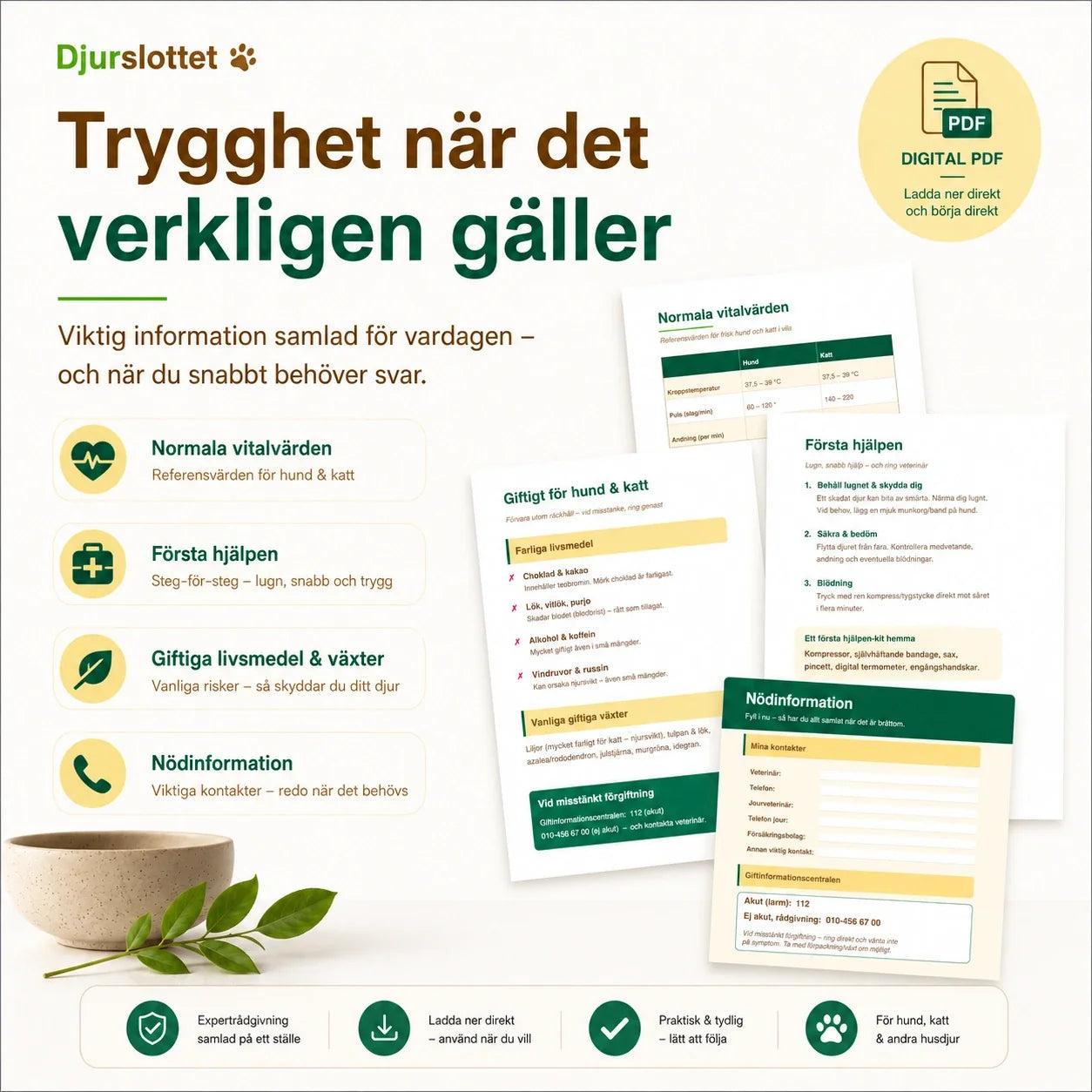 Facts section in the Pet Health Diary – normal vital values, first aid, toxic foods and plants plus emergency information for dogs and cats.