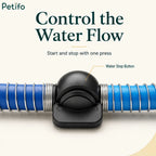 Close-up of the integrated black water stop button positioned along the blue hose.