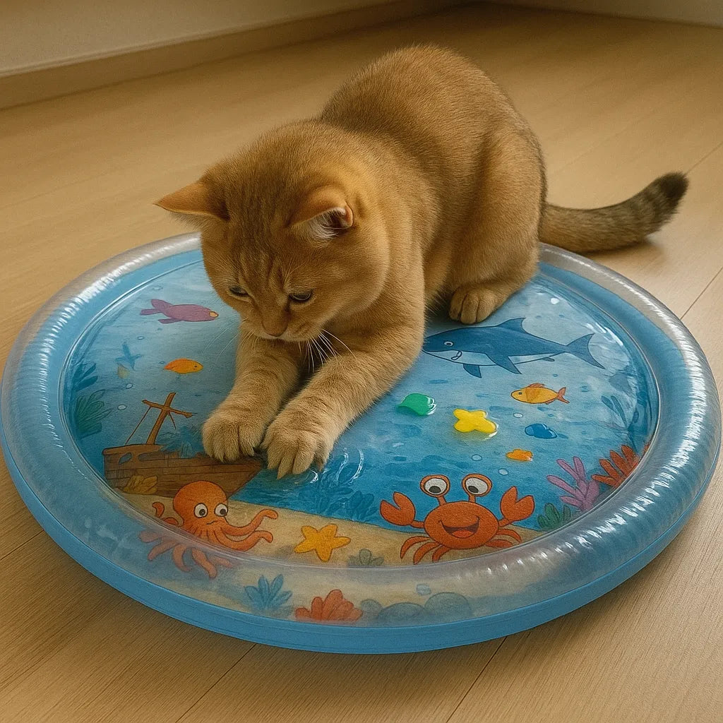 cat playing with a water-filled activity mat with floating plastic fish