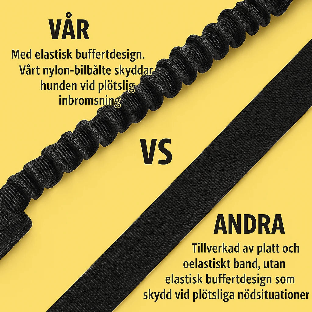 Comparison of two dog belts – elastic buffer design vs. non-elastic strap – on a yellow background