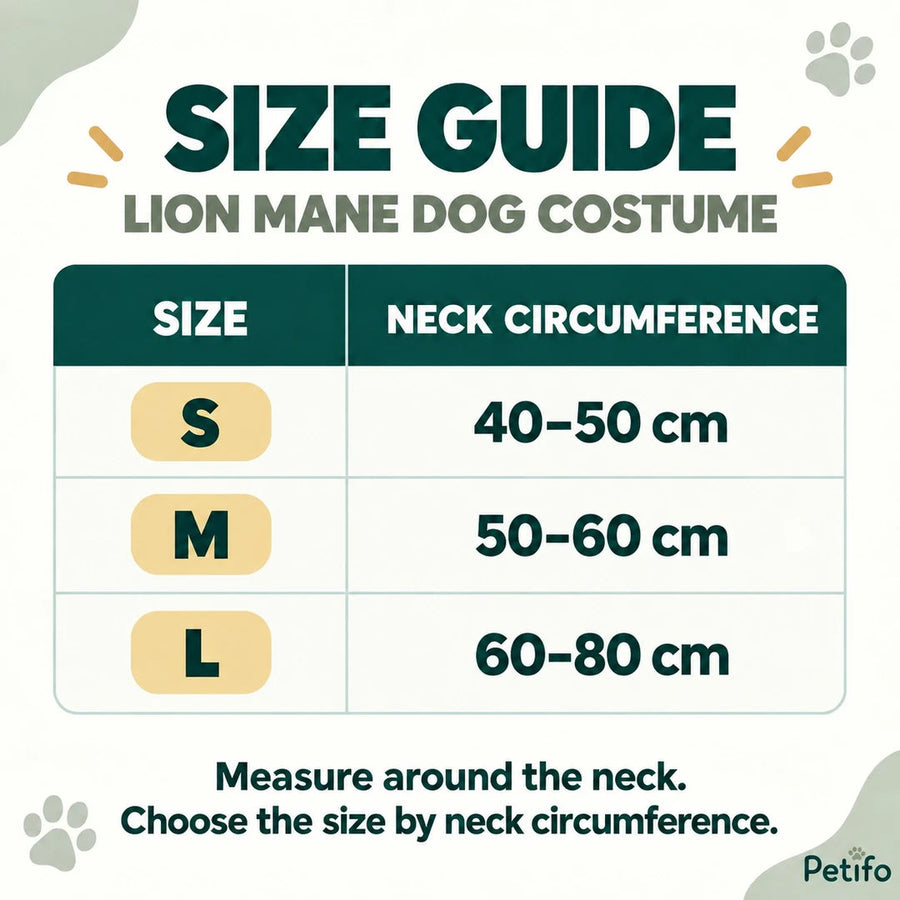 Guía de tallas del disfraz de perro Melena de León: S 40–50 cm, M 50–60 cm y L 60–80 cm de circunferencia del cuello - Petifo