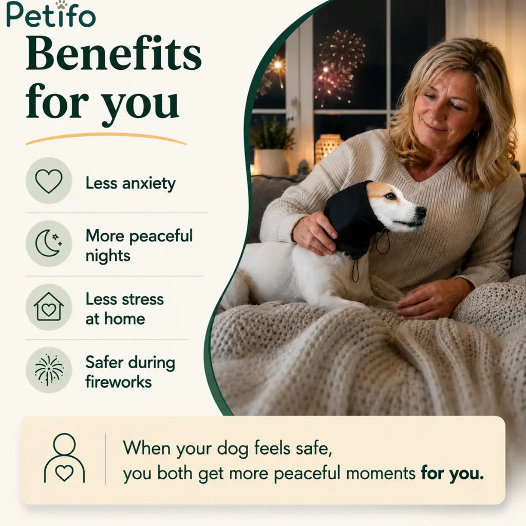 Benefits infographic showcasing how the Petifo anti-anxiety cap reduces stress and ensures safer, more peaceful nights during fireworks.