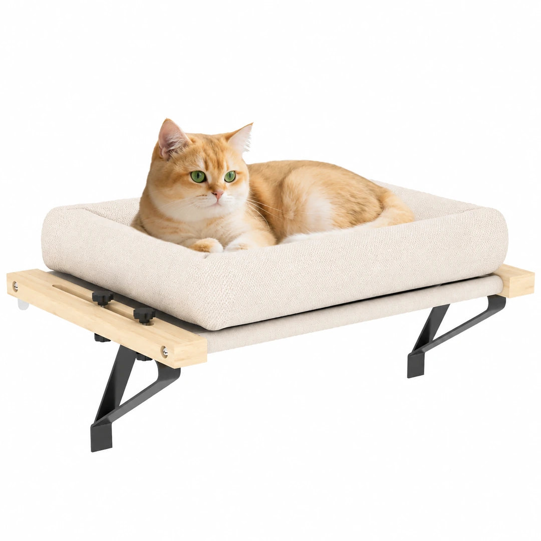 PawHut 2-in-1 cat window bed in cream and natural wood - Petifo
