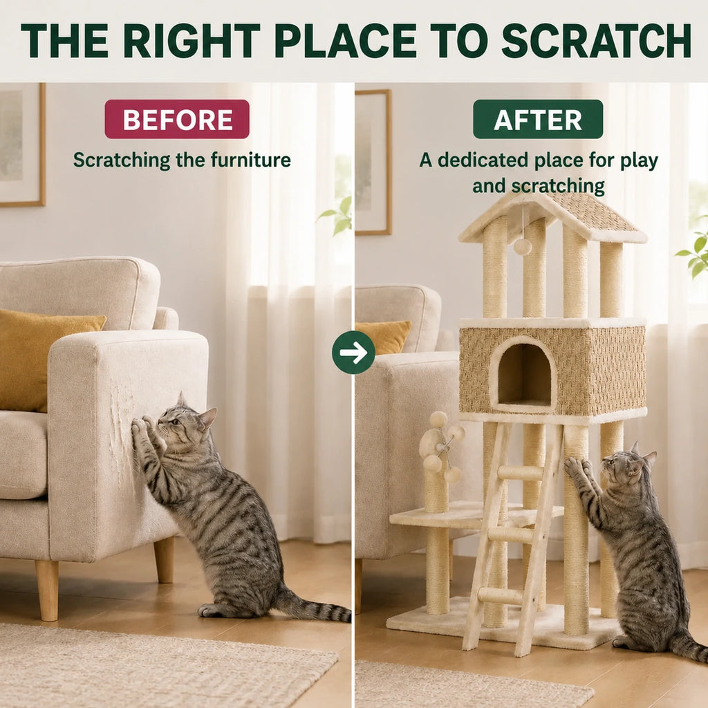 Before and after comparison of scratching areas for a cat - Petifo