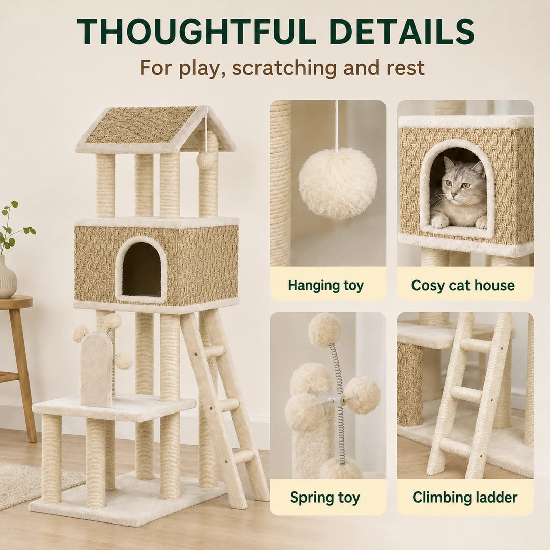 Detailed features of the PawHut cat tree with house and toys - Petifo