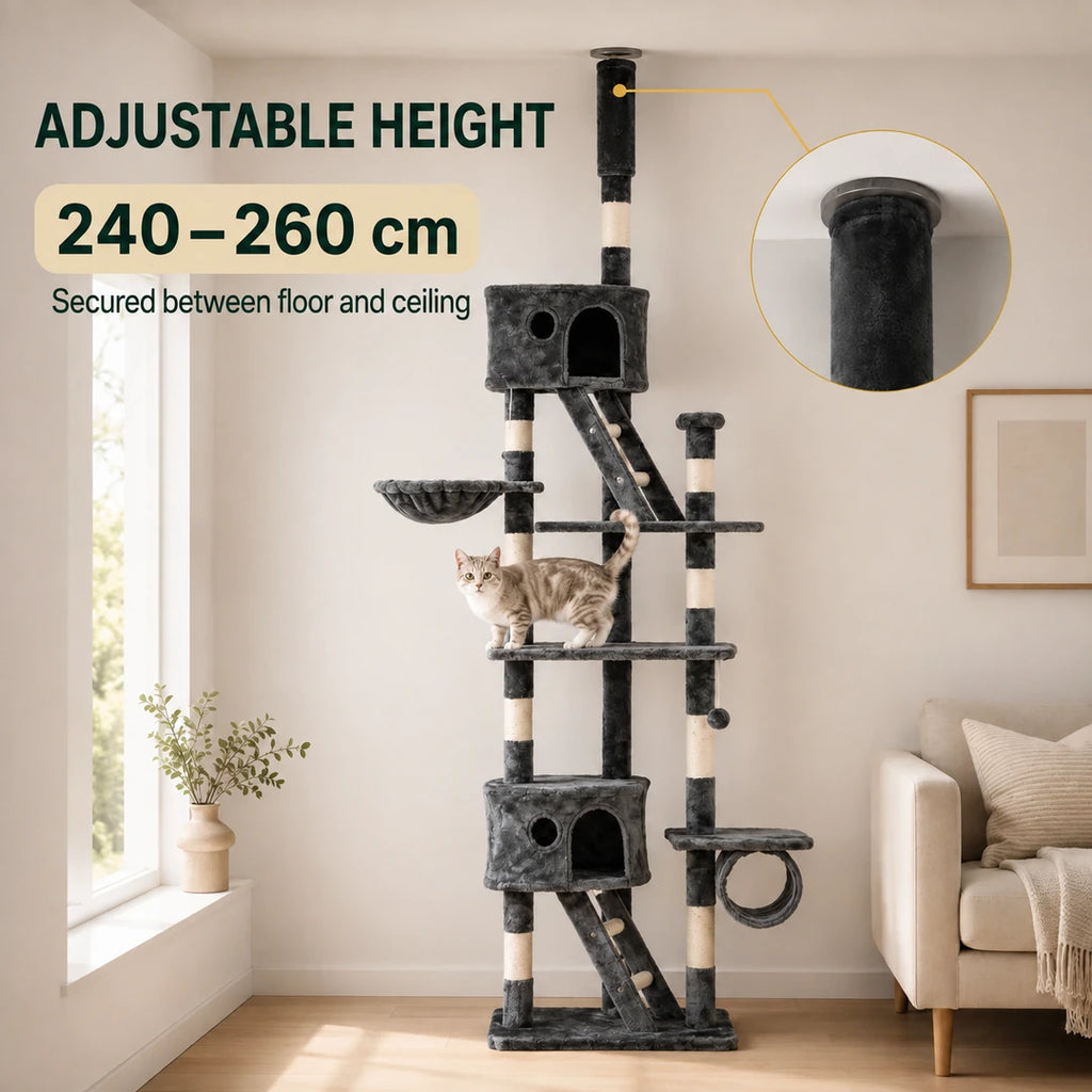 Adjustable 240 to 260 cm height on the PawHut Floor-to-Ceiling Cat Tree - Petifo
