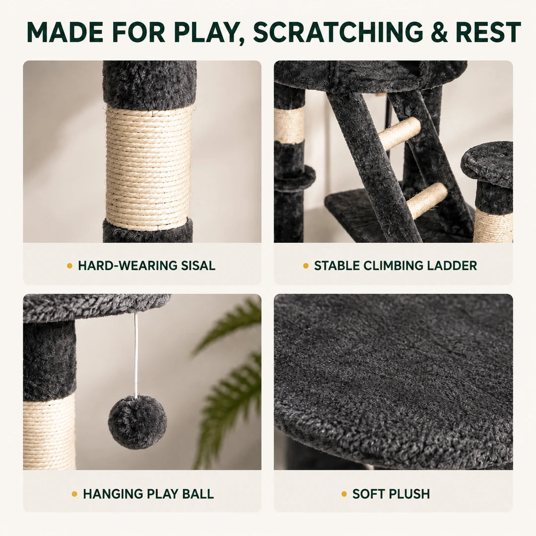 Sisal posts ladder play balls and plush details on the PawHut Floor-to-Ceiling Cat Tree - Petifo