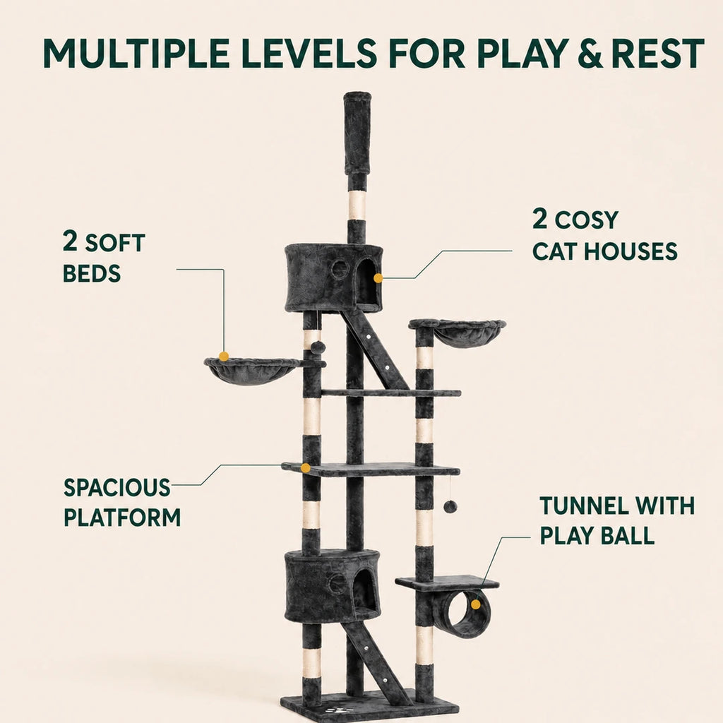 Multi-level houses hammocks and tunnel on the PawHut Floor-to-Ceiling Cat Tree - Petifo