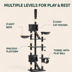 Multi-level houses hammocks and tunnel on the PawHut Floor-to-Ceiling Cat Tree - Petifo