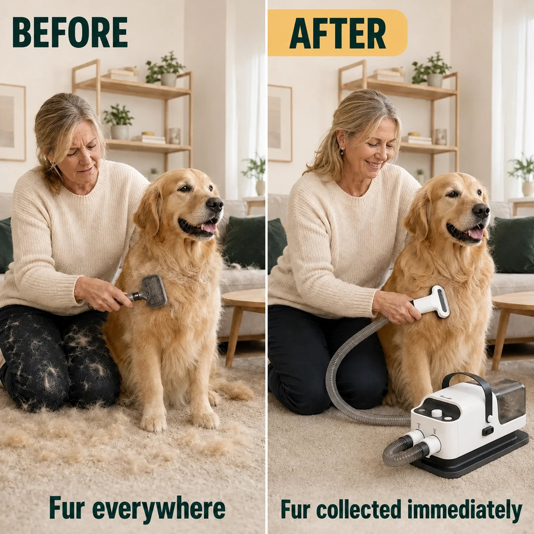 Before and after loose-fur collection with the PawHut grooming vacuum - Petifo