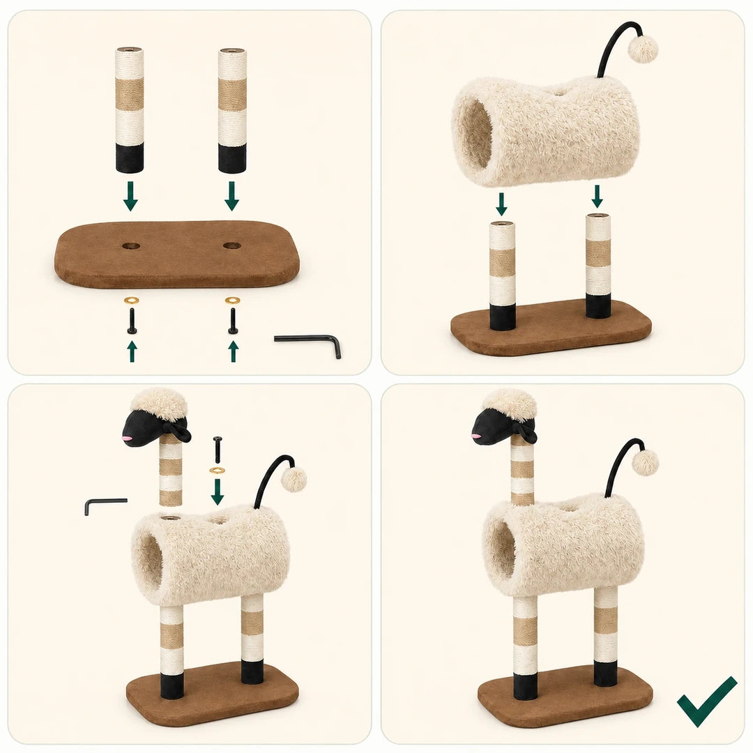Assembly steps for the PawHut sheep-shaped cat tree with tunnel - Petifo