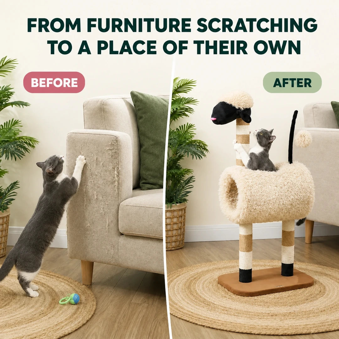 PawHut sheep-shaped cat tree before-and-after scratching alternative - Petifo