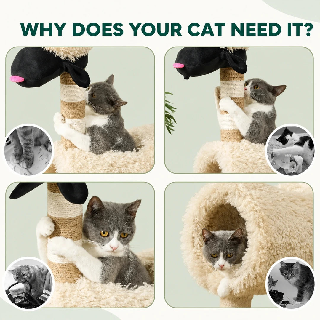 PawHut sheep-shaped cat tree shown for scratching, resting and hiding - Petifo