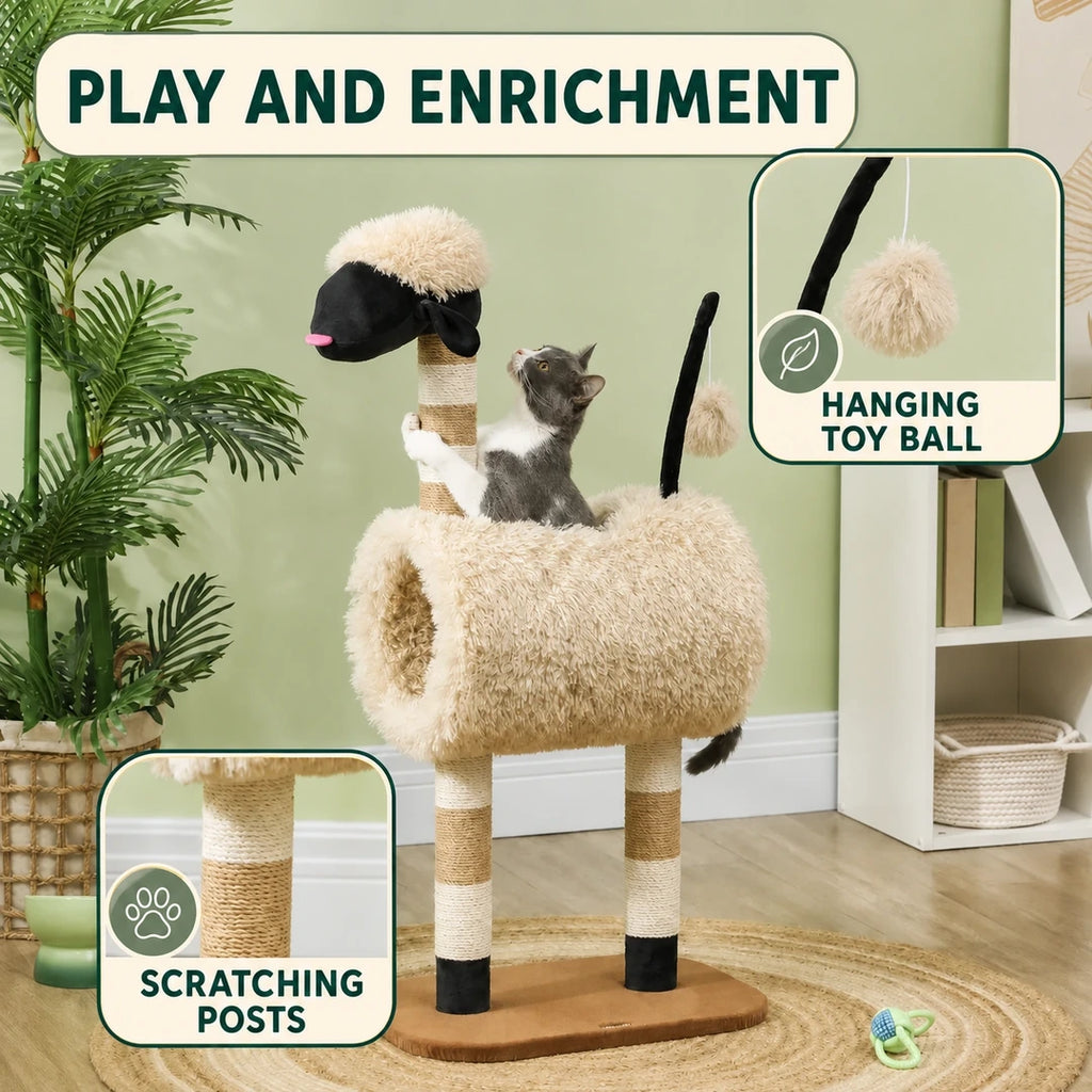 PawHut sheep-shaped cat tree with hanging ball and scratching posts - Petifo