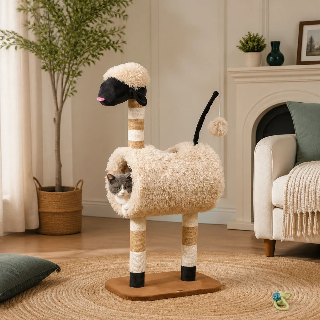 PawHut sheep-shaped cat tree with a cat resting in the tunnel - Petifo