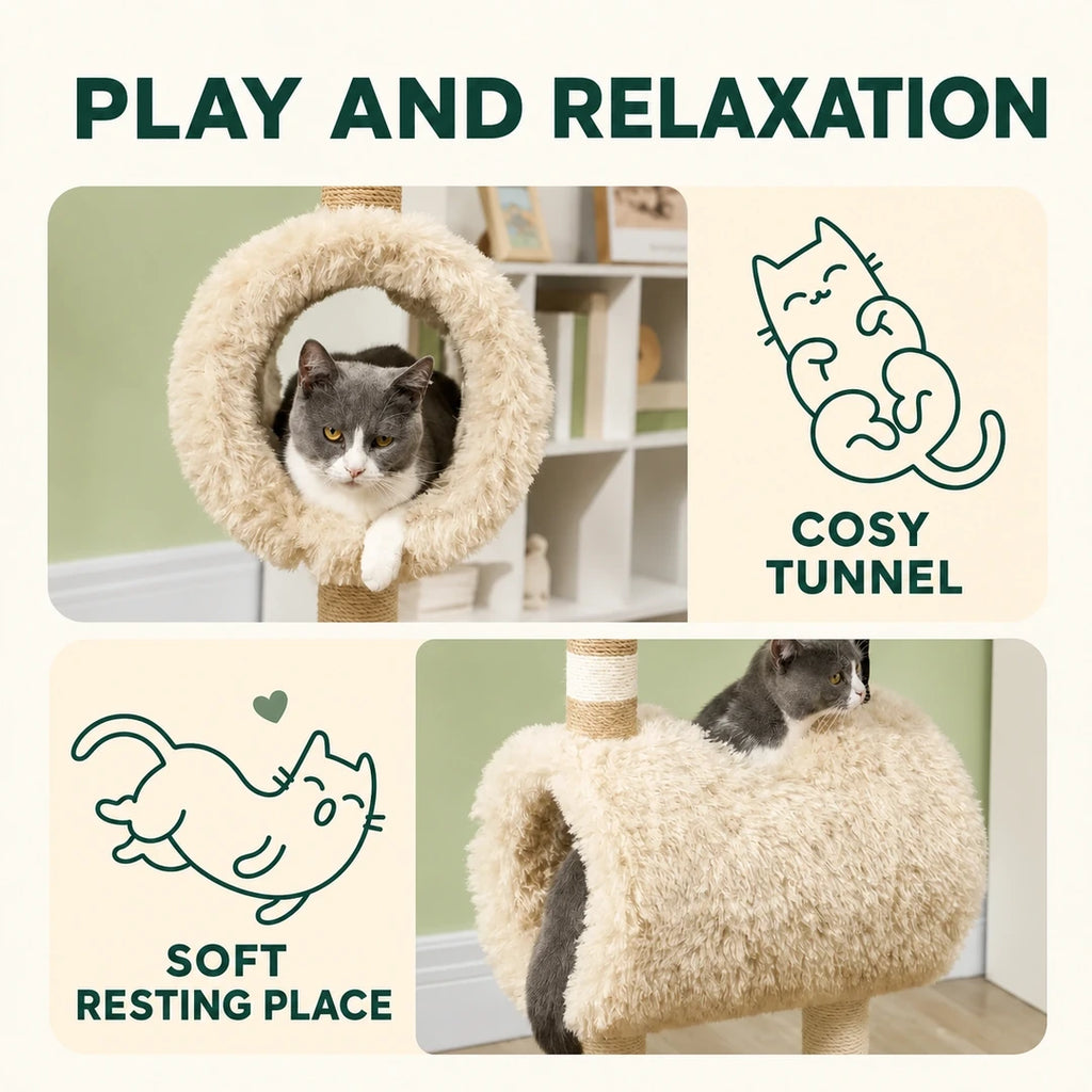 PawHut sheep-shaped cat tree cosy tunnel and soft resting area - Petifo