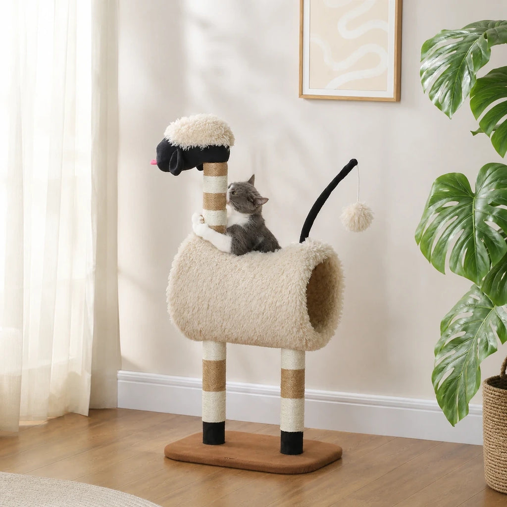 PawHut sheep-shaped cat tree beside a bright window with a cat - Petifo