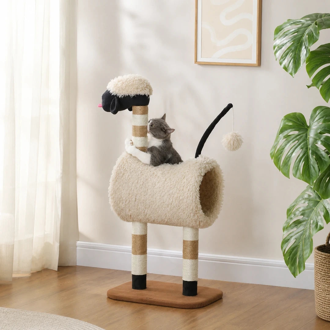 PawHut sheep-shaped cat tree beside a bright window with a cat - Petifo